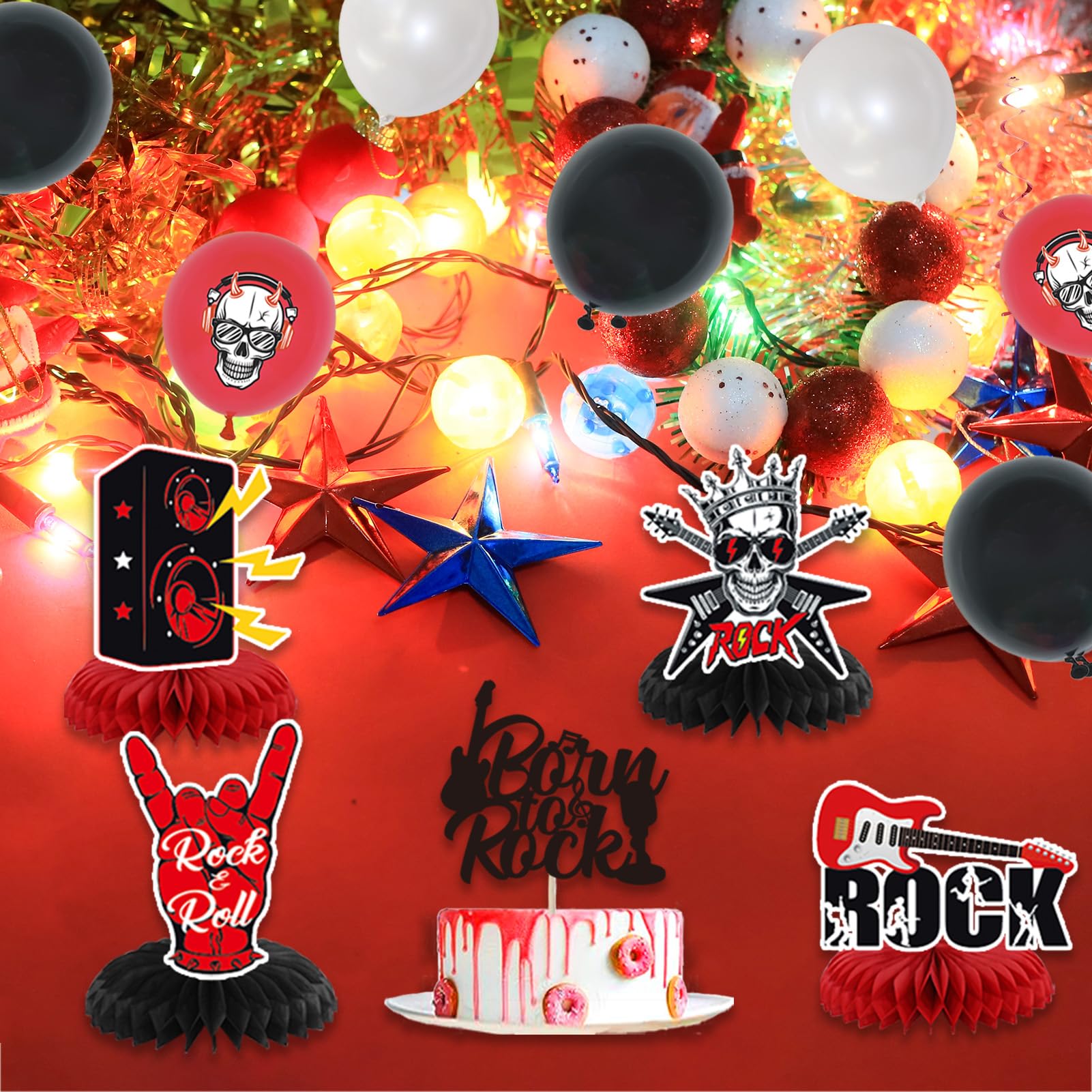 Crenics paper pom poms provide festive accents for the party space.