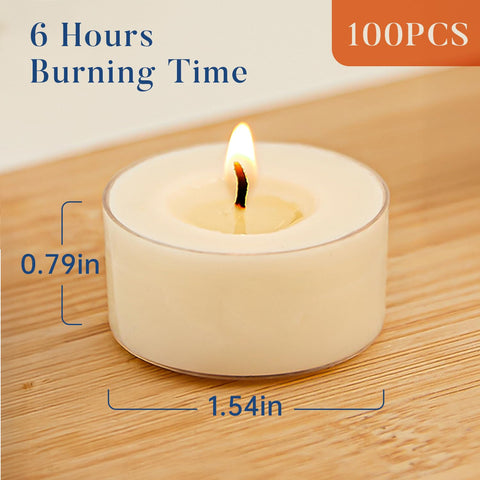 Crenovo tea lights with acrylic cup close-up showing durable, clean-burning design.