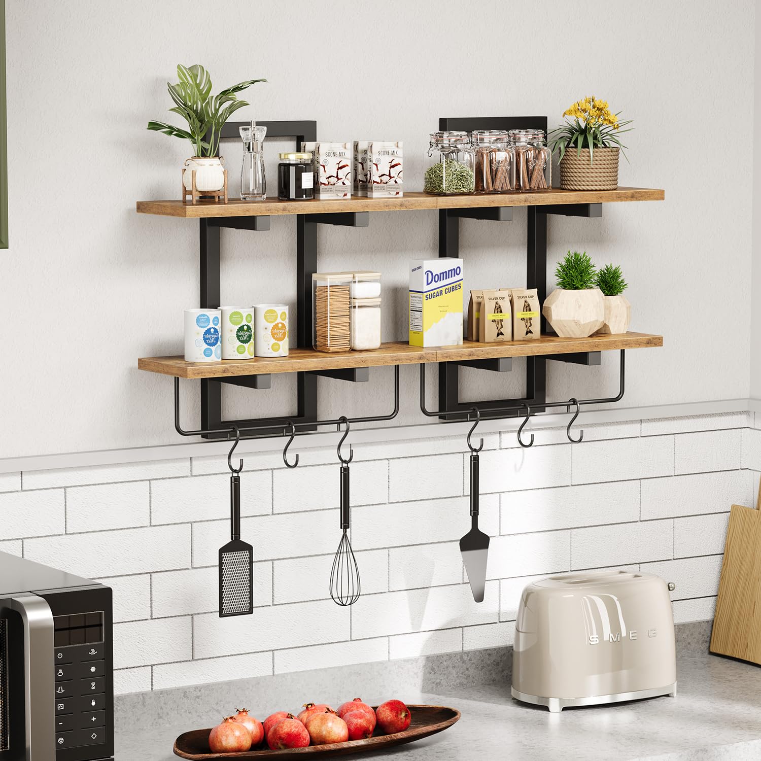 Creso Hom two-tier open shelves create airy storage for books and plants