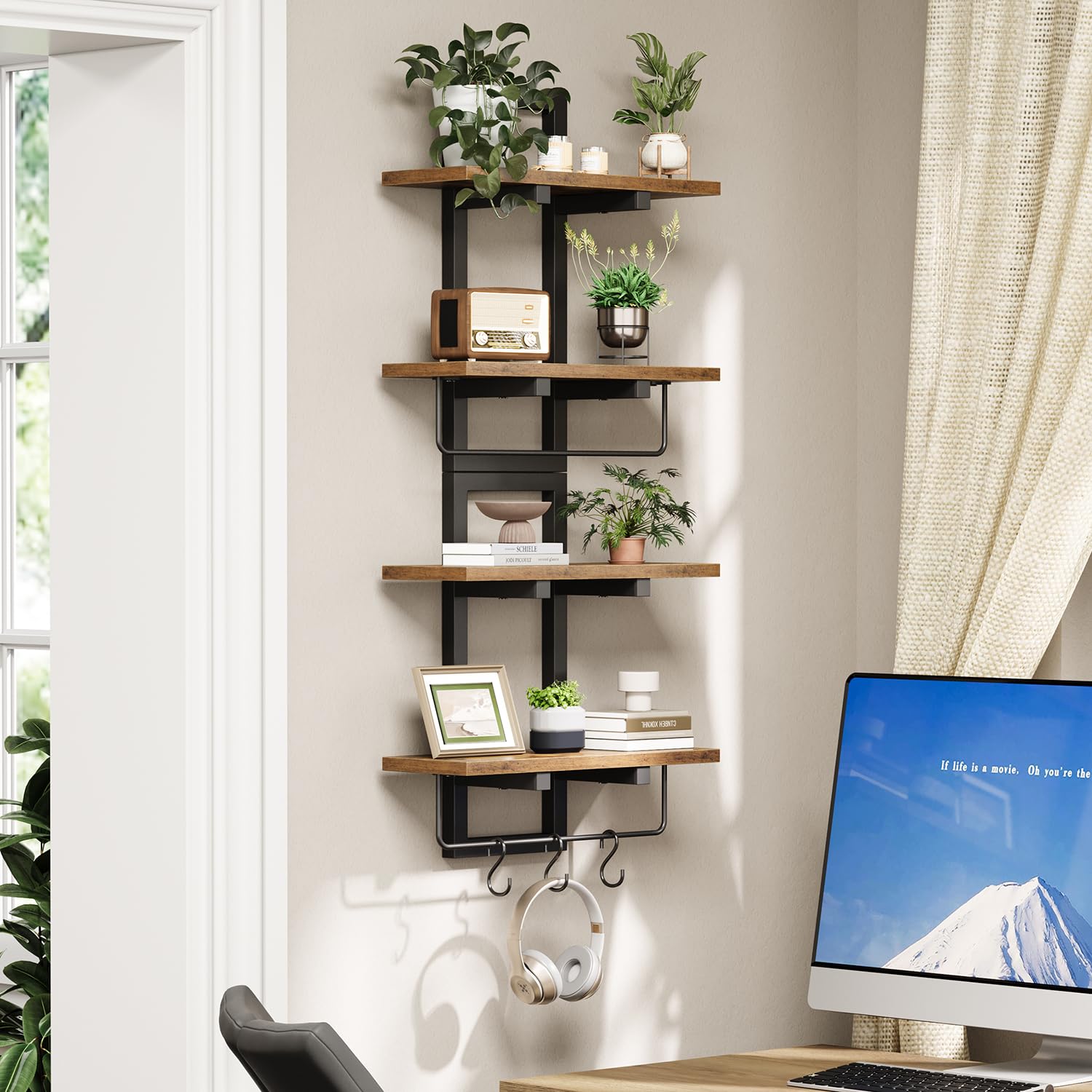 Creso Hom wood wall shelves close-up shows 10mm board and metal frame durability