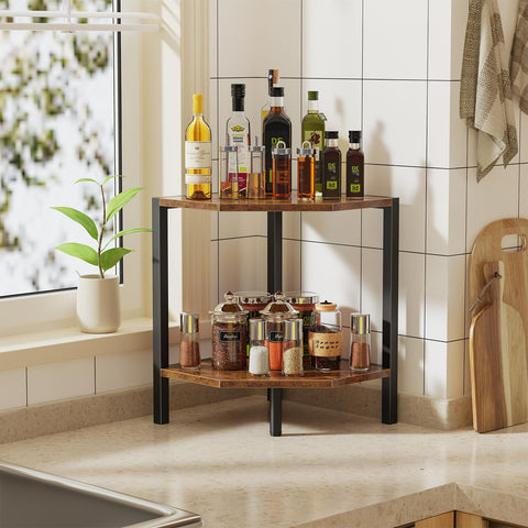 Creso Hom corner shelf stand living room setup with decor