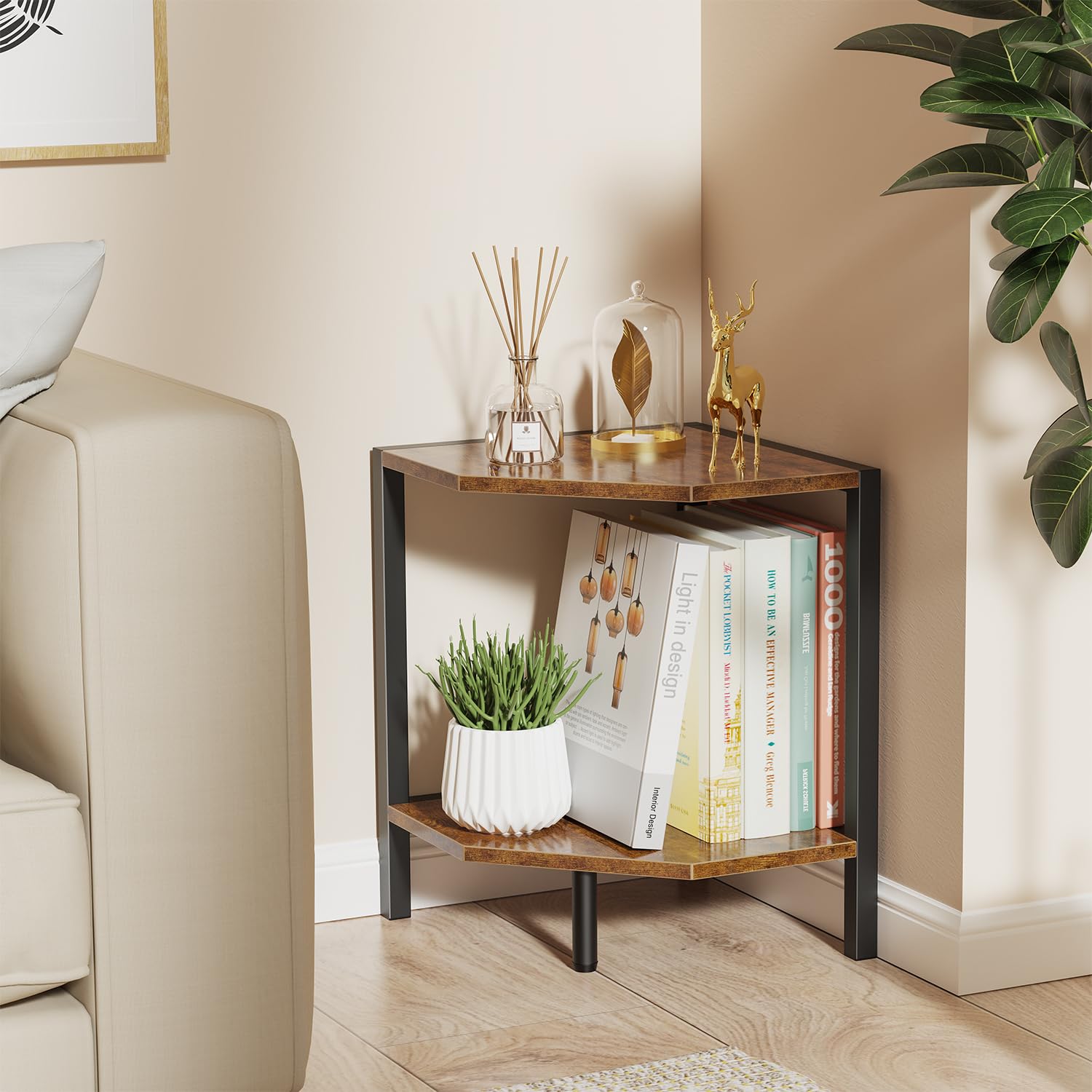 Creso Hom corner shelf stand side-angle view highlighting two-tier storage