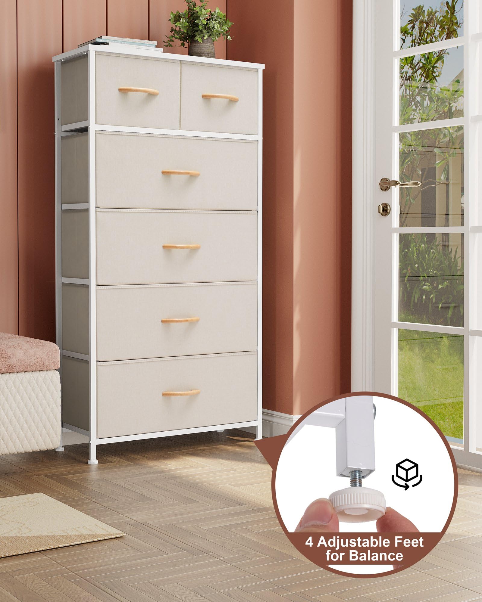 Crestlive dresser beige fabric drawers with wood handles for easy access.