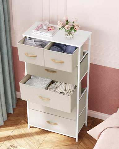 Crestlive dresser wood top and fabric bins provide durable surface and versatile organization.