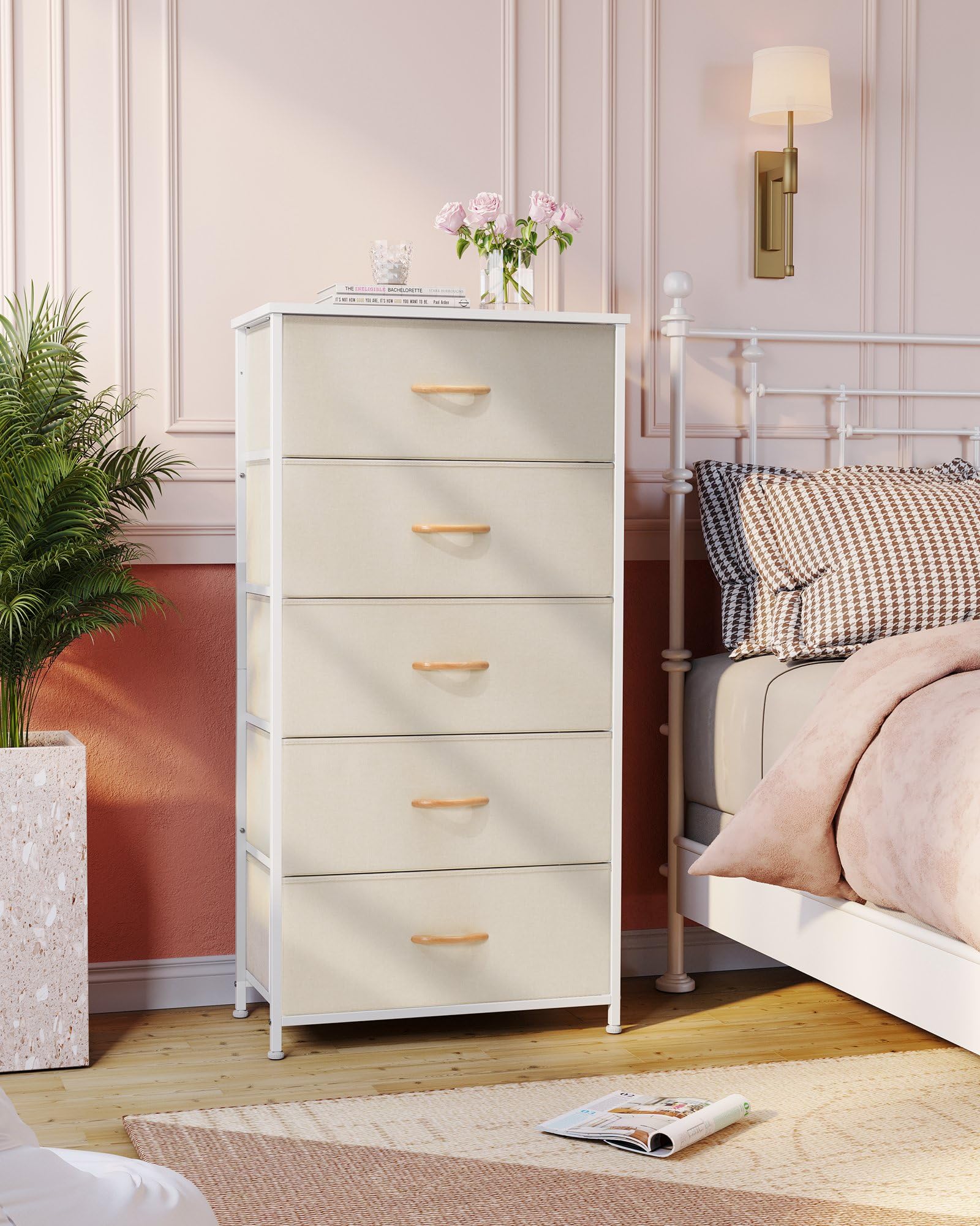 Crestlive vertical dresser drawers open revealing roomy fabric bins for organized clothing.