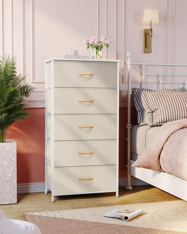 Crestlive vertical dresser drawers open revealing roomy fabric bins for organized clothing.
