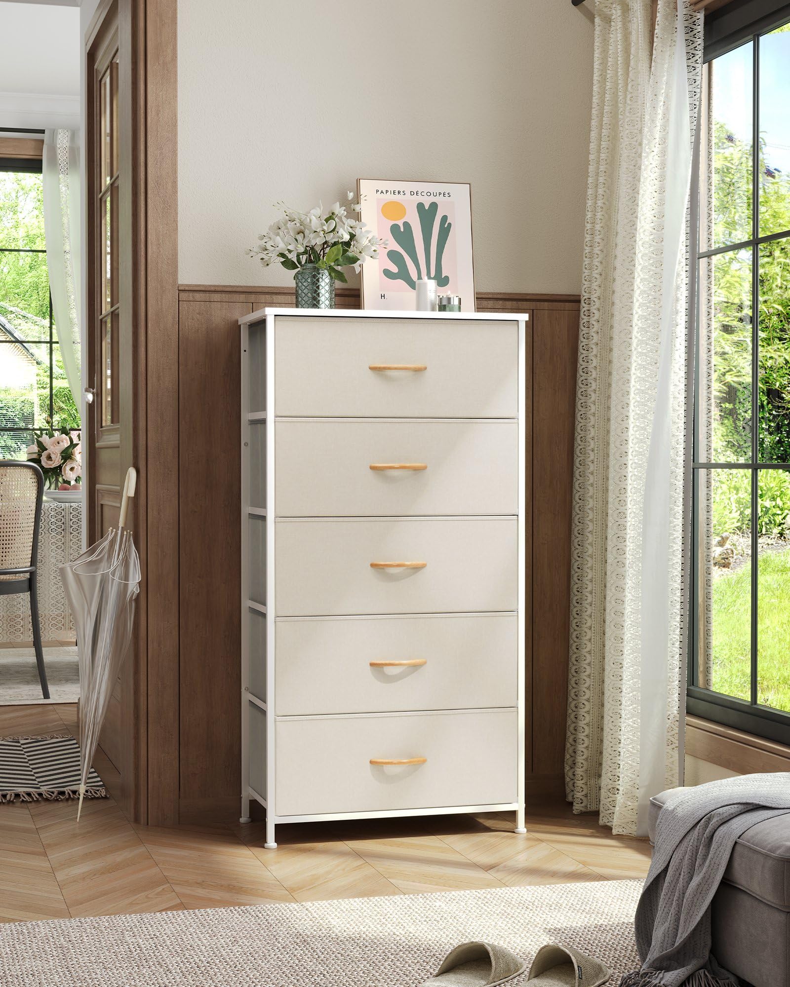 Crestlive vertical dresser fabric drawers illustrating easy pull and ample storage.