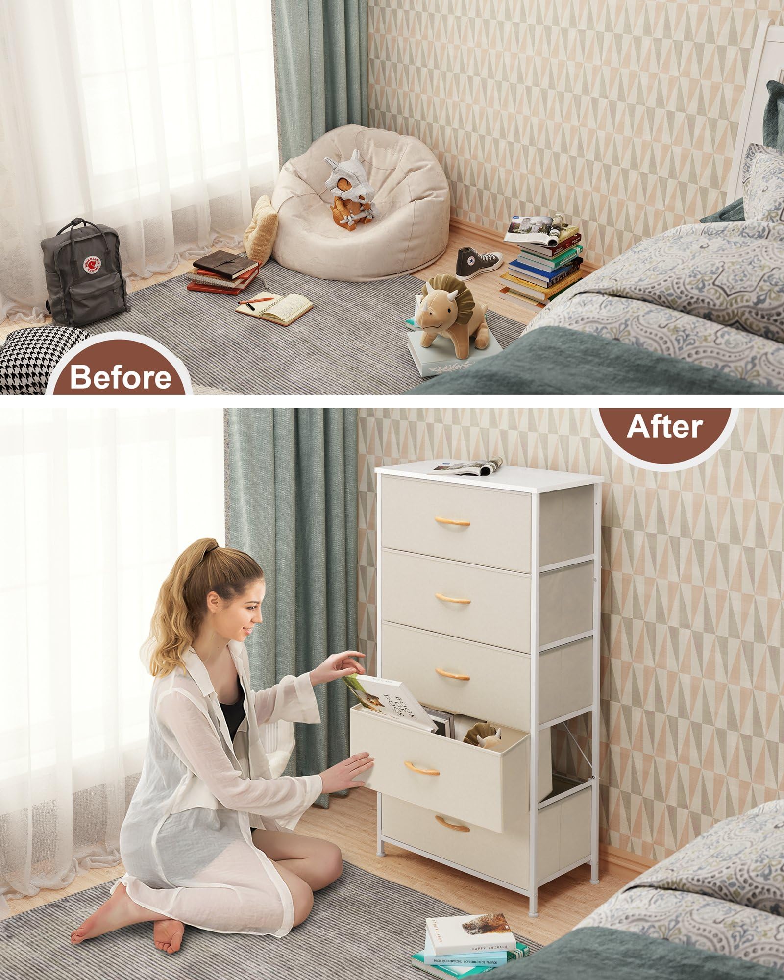 Crestlive vertical dresser in bedroom setting demonstrating versatile storage options.