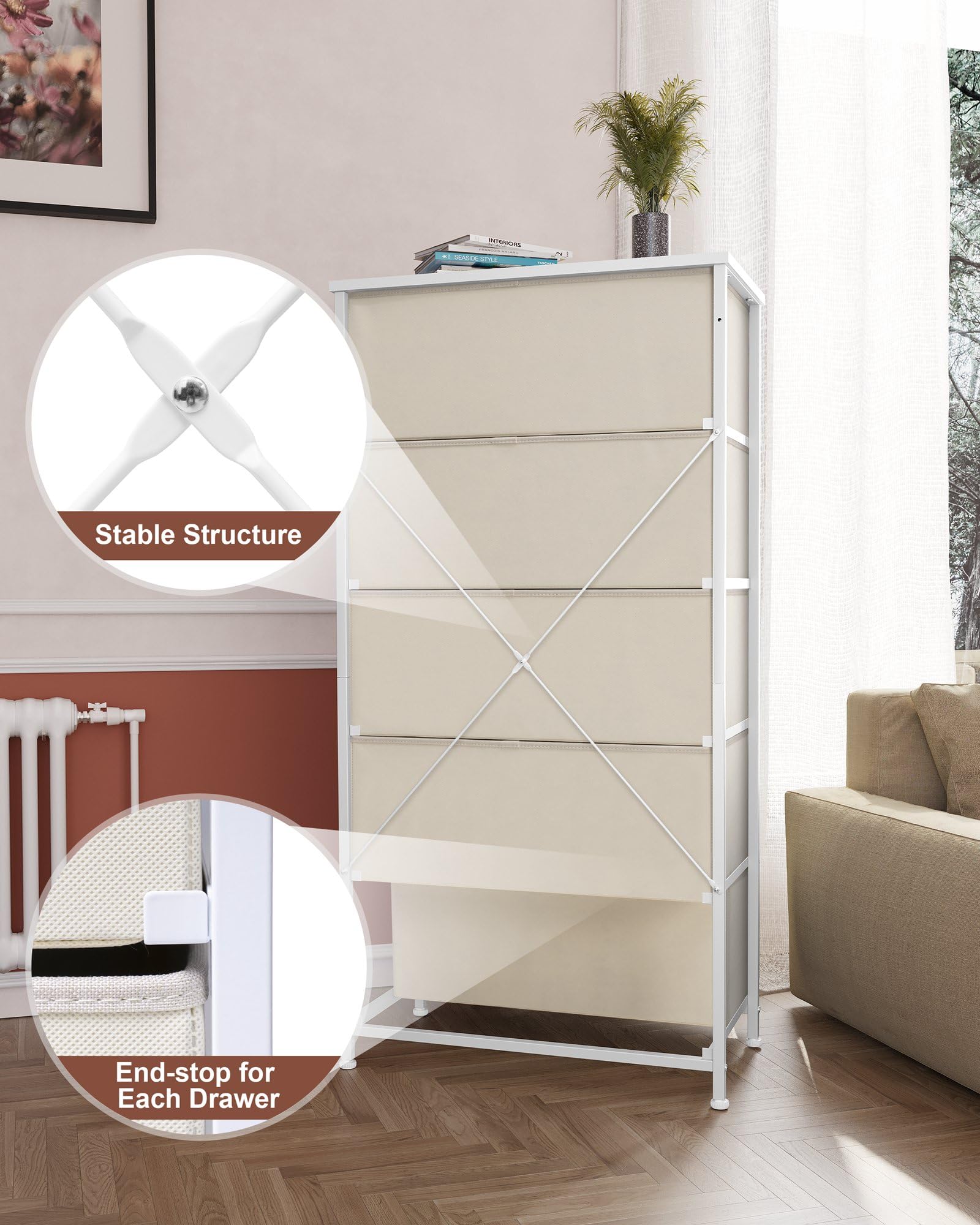 Crestlive vertical dresser in hallway illustrating compact, space-saving organization.