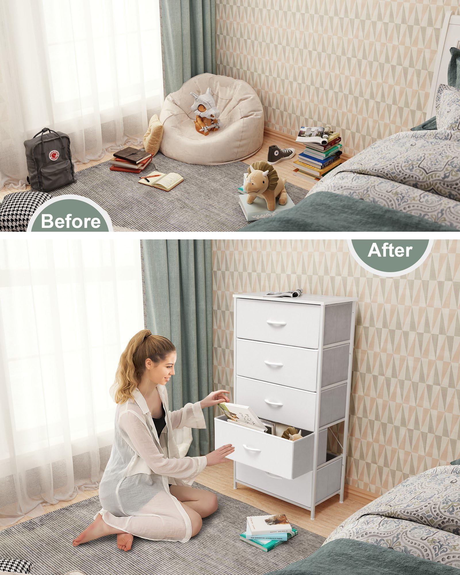 Crestlive tall dresser slim profile fitting into a tight corner for efficient storage