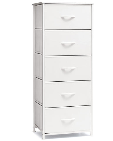 Crestlive Tall Dresser with 5 drawers enhances vertical storage in bedrooms.