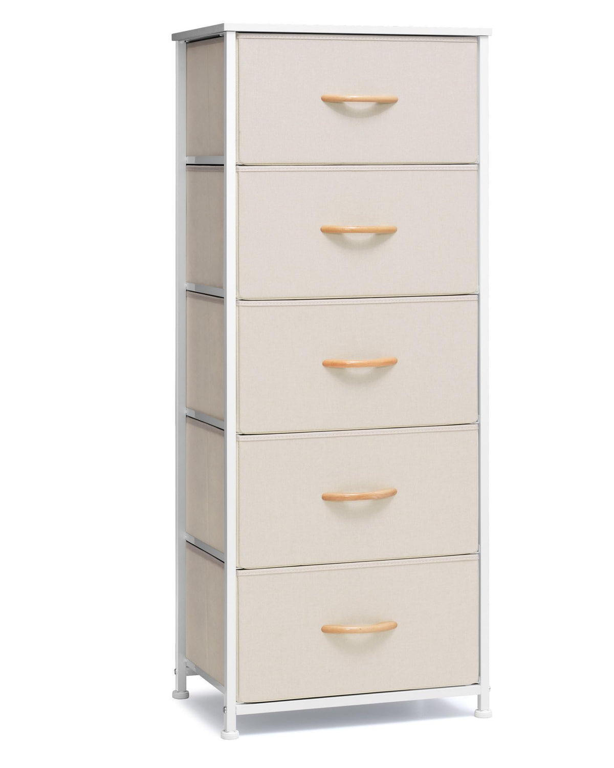 Crestlive vertical dresser with five beige fabric drawers for organized clothing.