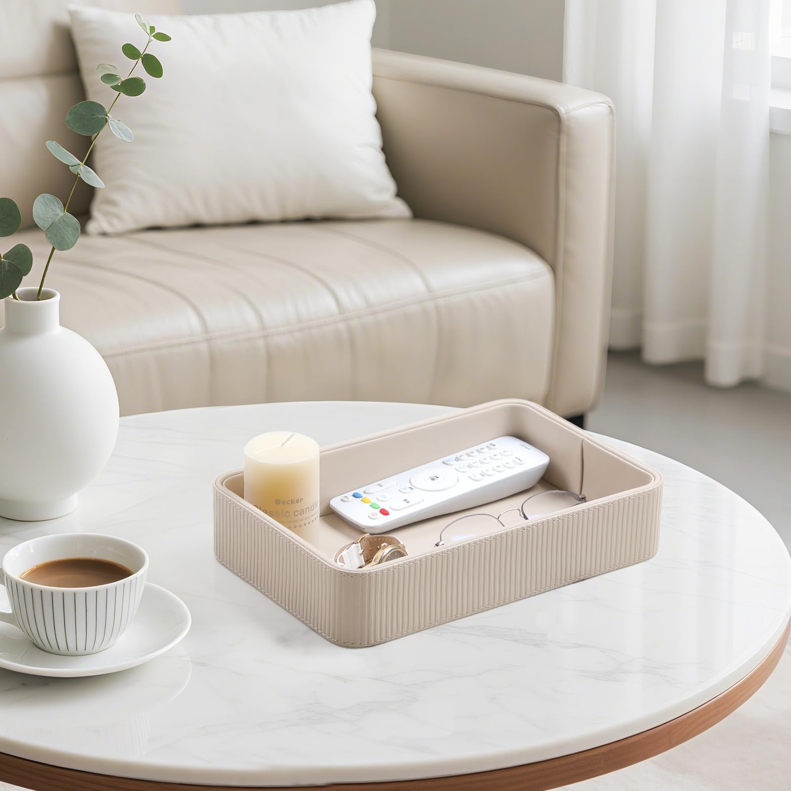 Cretkhp beige finish valet tray blends with decor and keeps essentials within reach