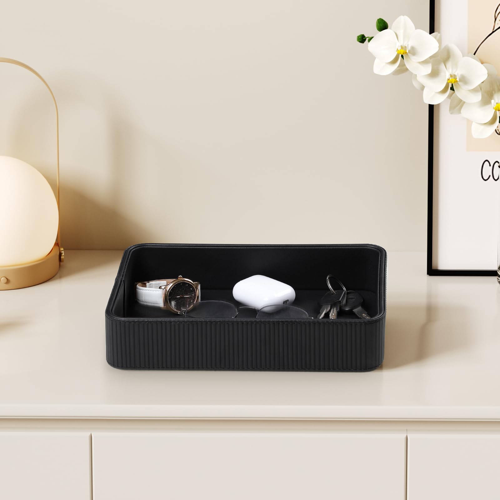 Cretkhp PU leather valet tray showing soft-touch material and easy cleaning