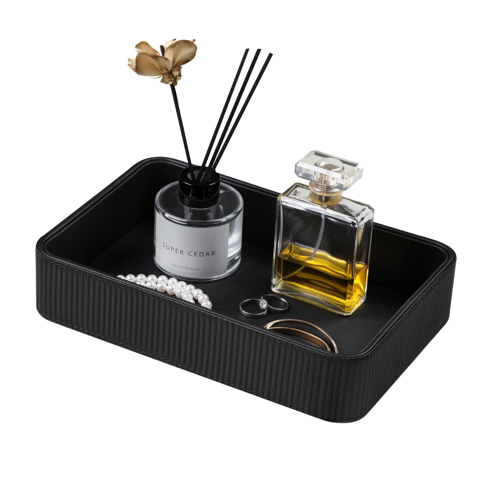 Cretkhp PU leather valet tray with stripe design for stylish organization