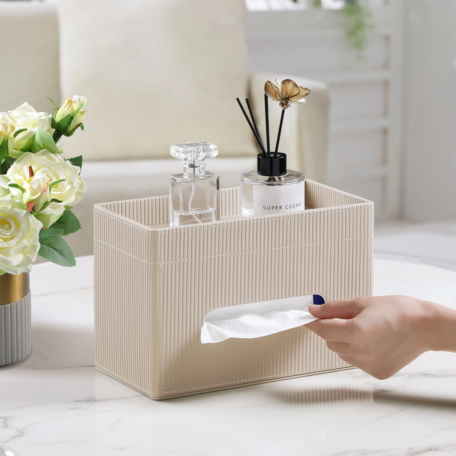 Cretkhp tissue box cover with magnetic back lid for easy refills.