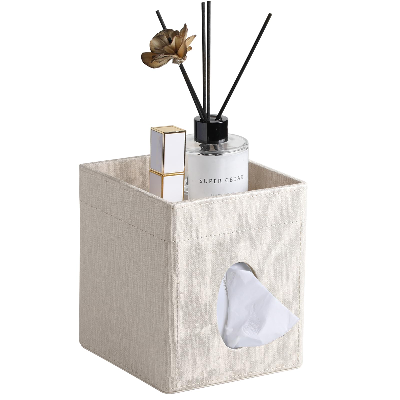 Cretkhp tissue box cover linen front view, concealing packaging and elevating room decor.