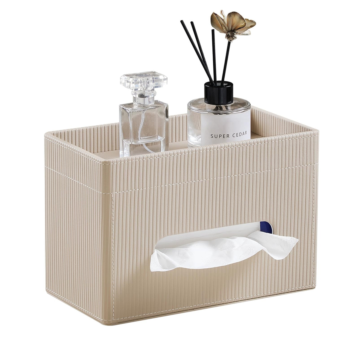 Beige Cretkhp tissue box cover rectangle conceals packaging for neat spaces.
