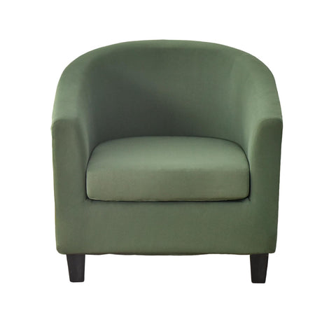 CRFATOP club chair slipcover in green fabric shows an elastic fit that stays in place.
