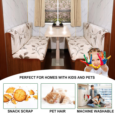 CRFATOP RV dinette slipcover stretch fabric highlights easy installation.