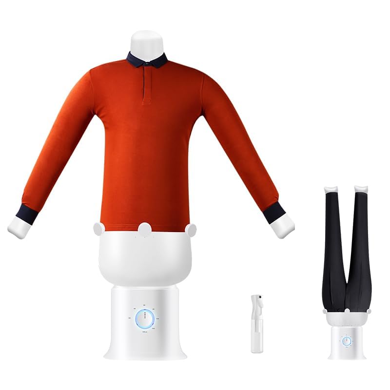 CRILEAL portable automatic garment dryer and iron shown in a closet setup, wrinkle reduction potential