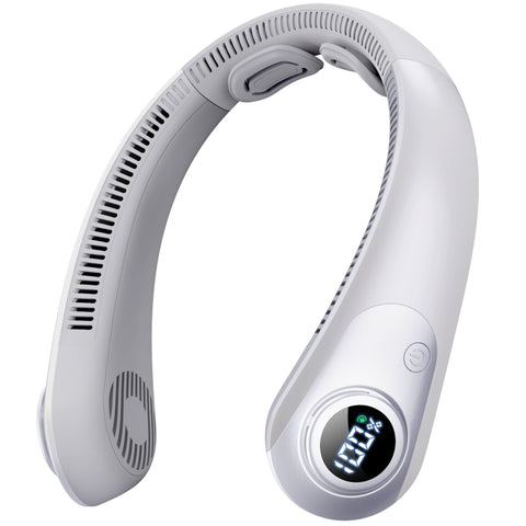 CRISLEX portable neck fan with LED display shows battery and speed on the go.