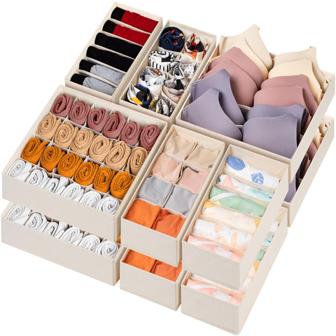 Criusia 12-pack drawer organizers neatly divide items in a dresser drawer.