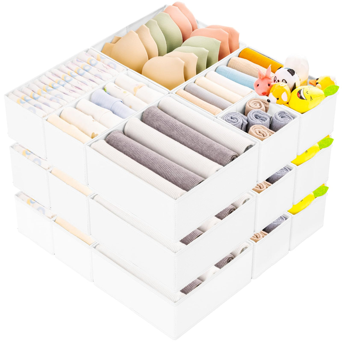Criusia 15-pack drawer organizer set demonstrates 3 sizes for versatile clothing storage.