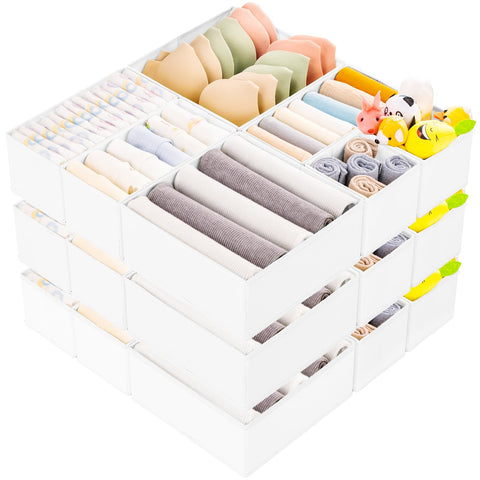 Criusia 15-pack drawer organizer set demonstrates 3 sizes for versatile clothing storage.