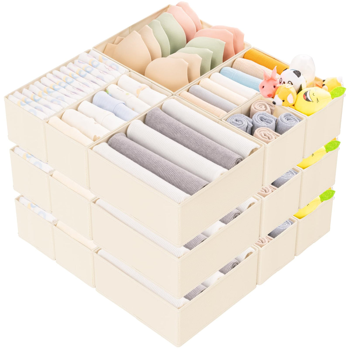 Criusia 15-pack drawer organizers in a drawer keeping underwear and socks orderly.