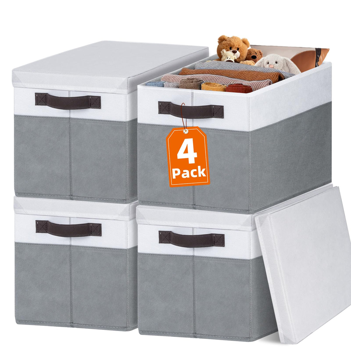 Criusia 4-pack storage baskets with lids for clutter-free shelving.