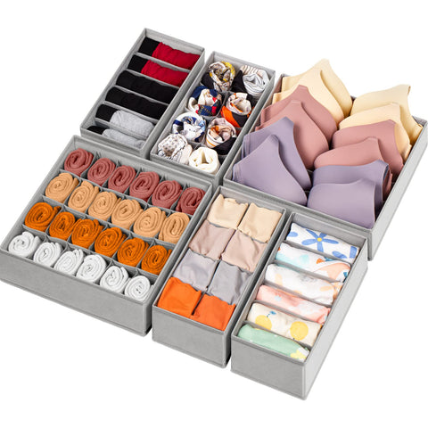 Criusia 6-pack drawer organizer with 58 compartments for versatile clothing storage.
