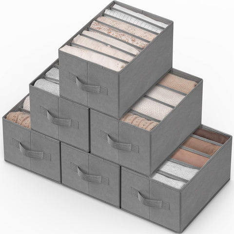 Criusia 6 Pack wardrobe organizer pack on a shelf keeps clothes neatly grouped.
