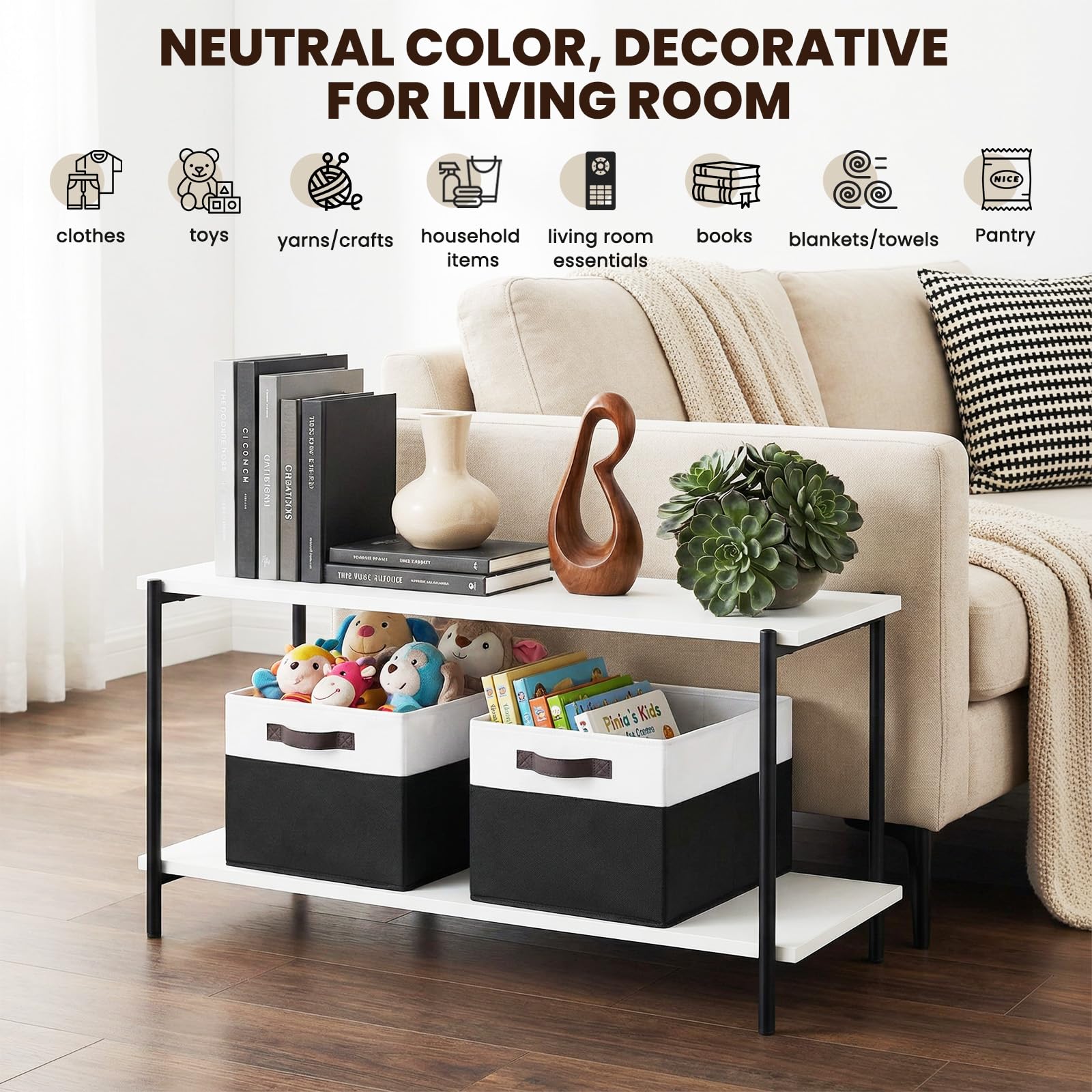 Criusia storage bins help keep shelves neat with quick access.