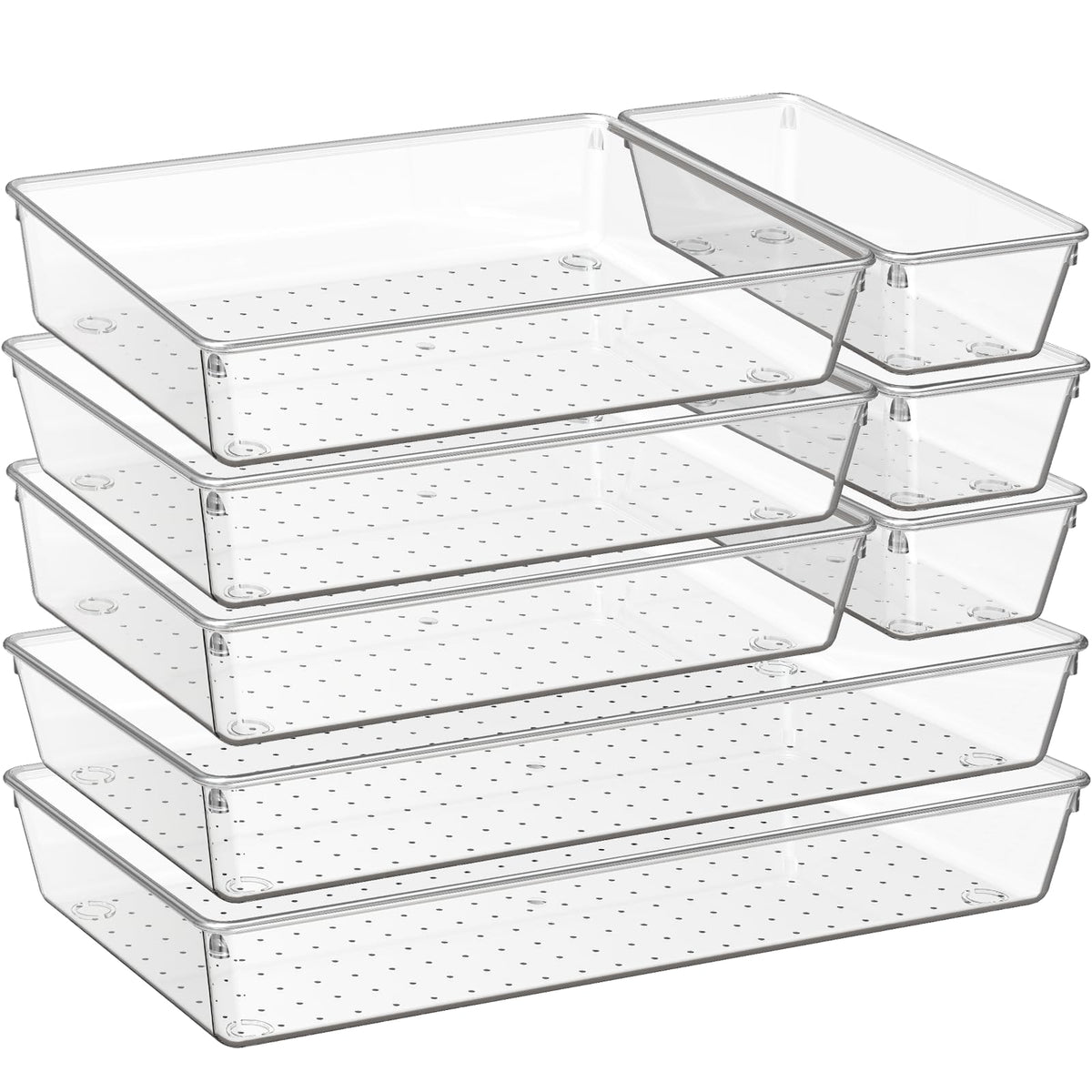 Criusia 8-pack drawer organizers shown as a versatile set for kitchen and vanity storage.