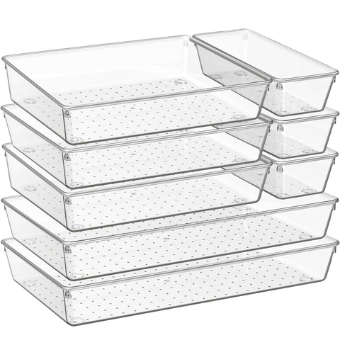 Criusia 8-pack drawer organizers shown as a versatile set for kitchen and vanity storage.