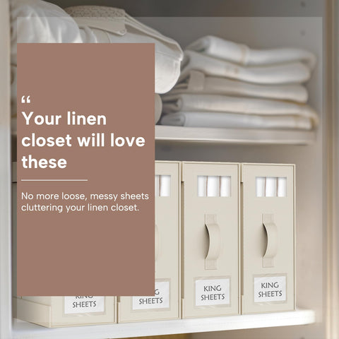 Criusia 14.6x12.6x4.7 inch box fits a queen or king sheet set.