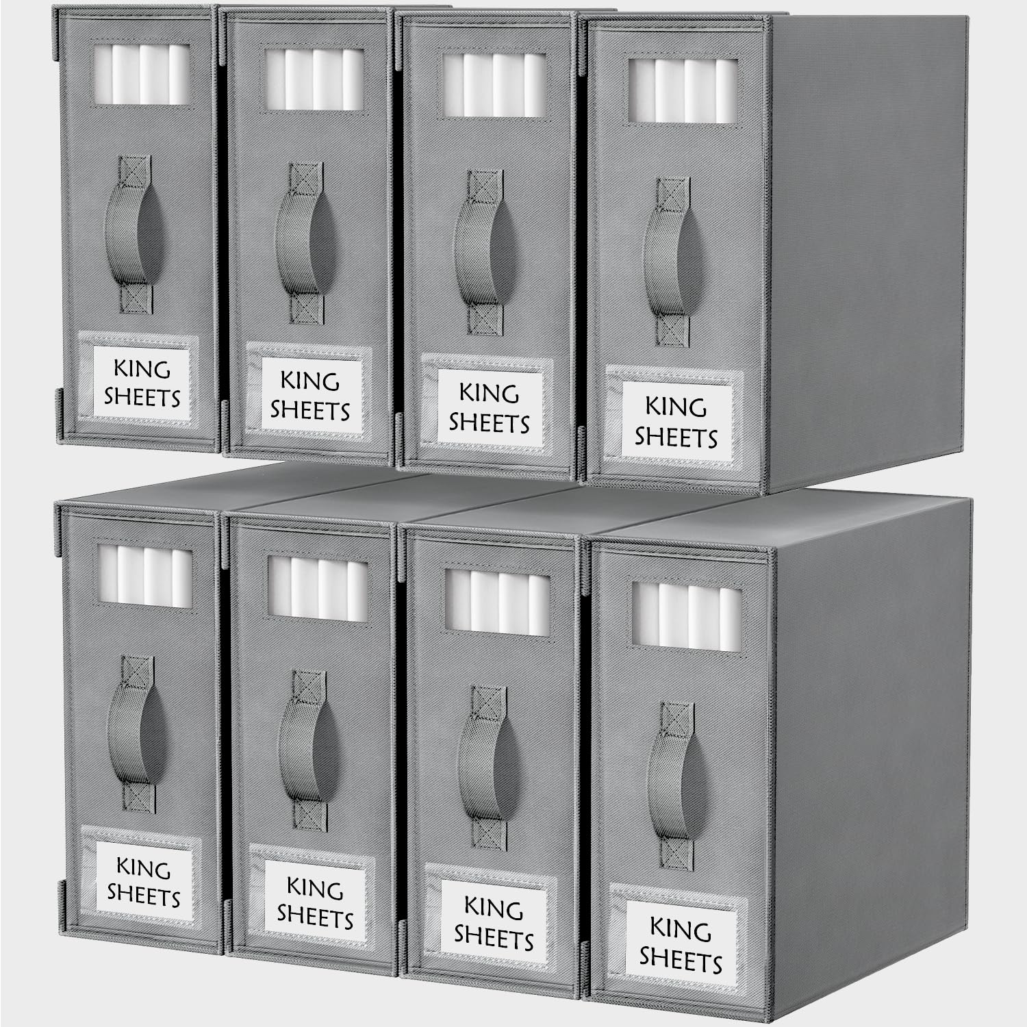 Criusia bed sheet organizers with a clear window for easy viewing of contents.