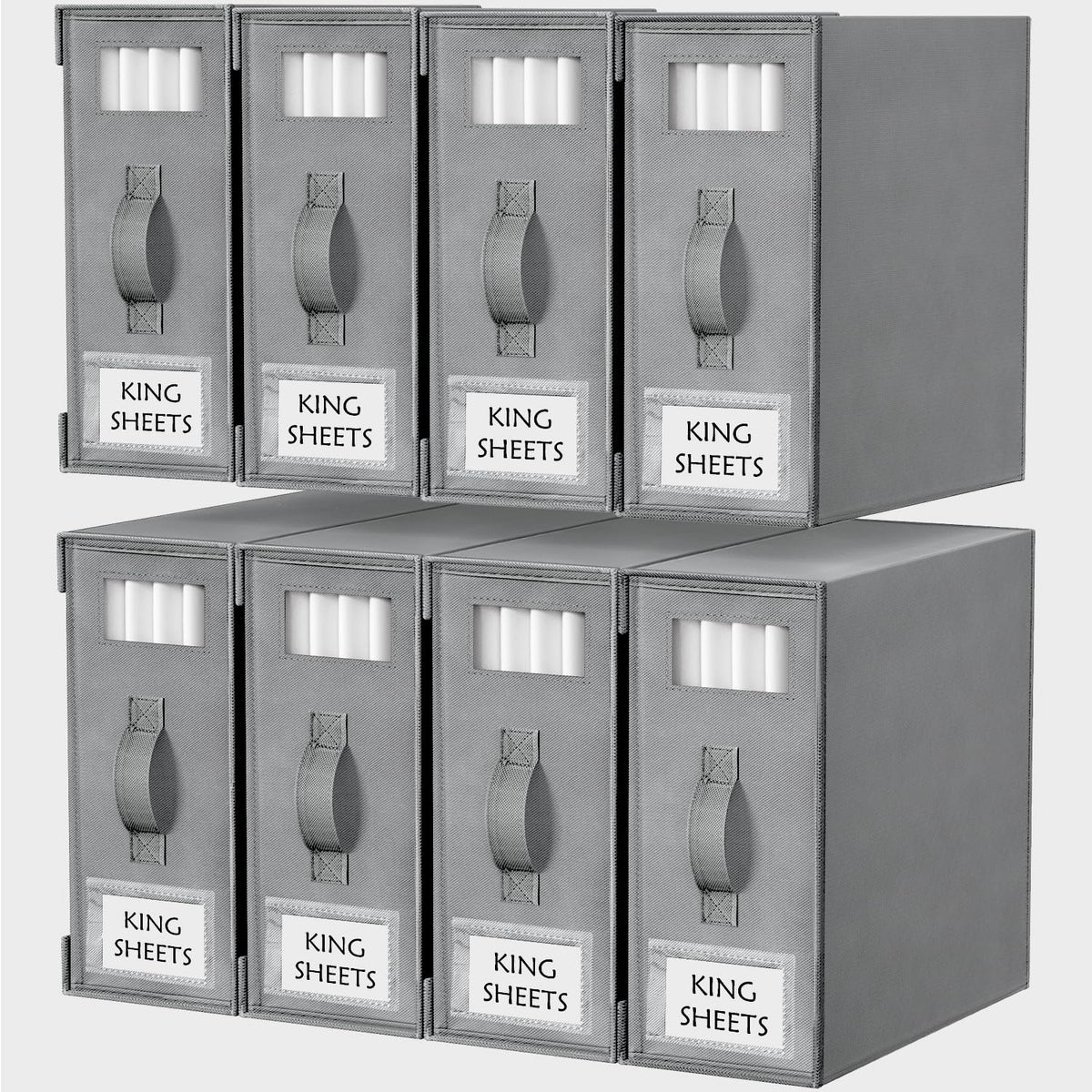 Criusia bed sheet organizers with a clear window for easy viewing of contents.