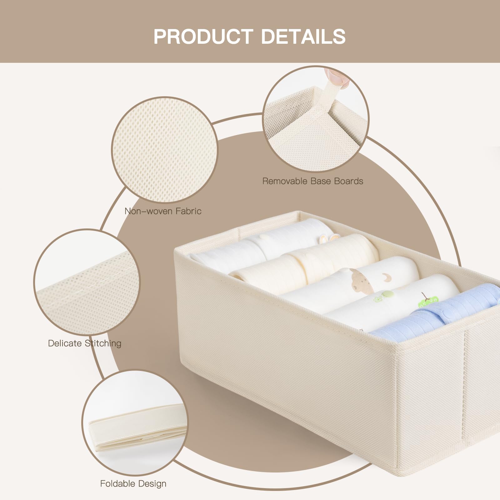 Criusia beige drawer organizer filled with baby clothes for tidy nursery storage.