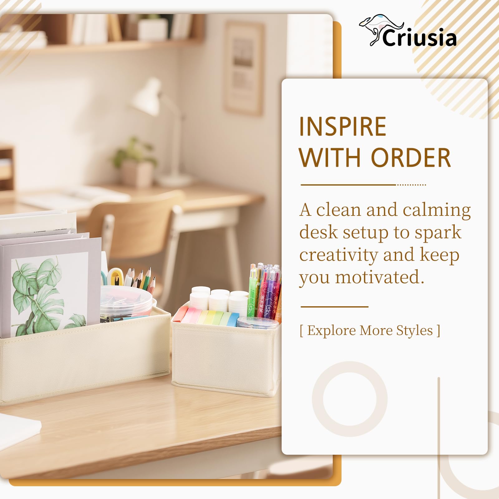 Criusia beige fabric storage bin with reinforced panels for durability.