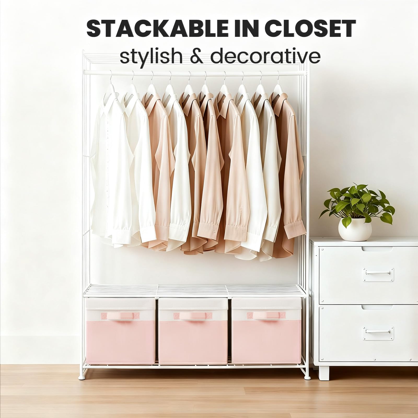 Criusia collapsible pink storage bin for space-saving organization.