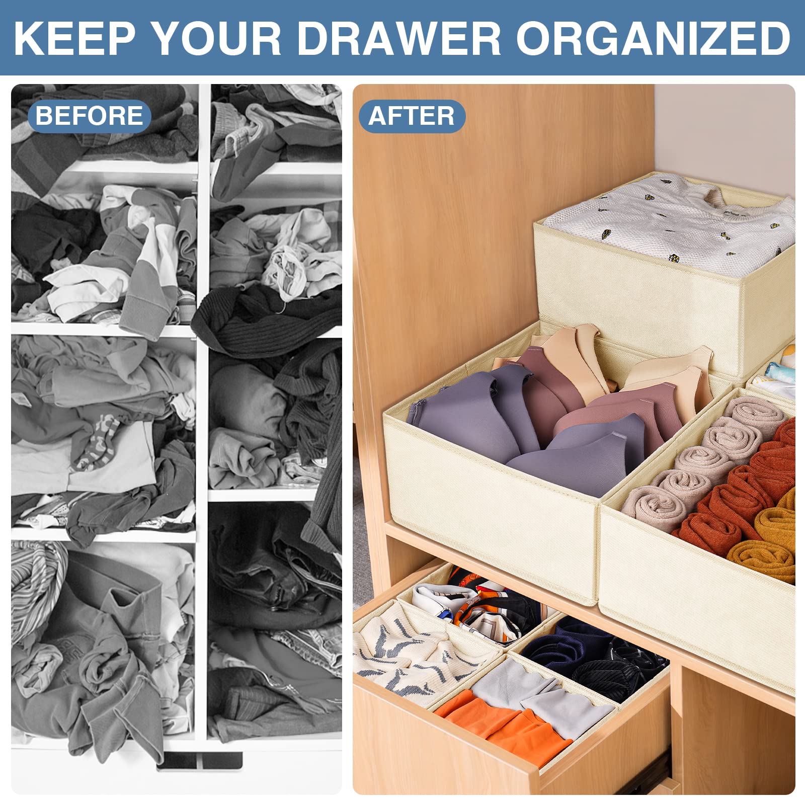 Criusia drawer organizer medium box in beige organizes socks and underwear efficiently.