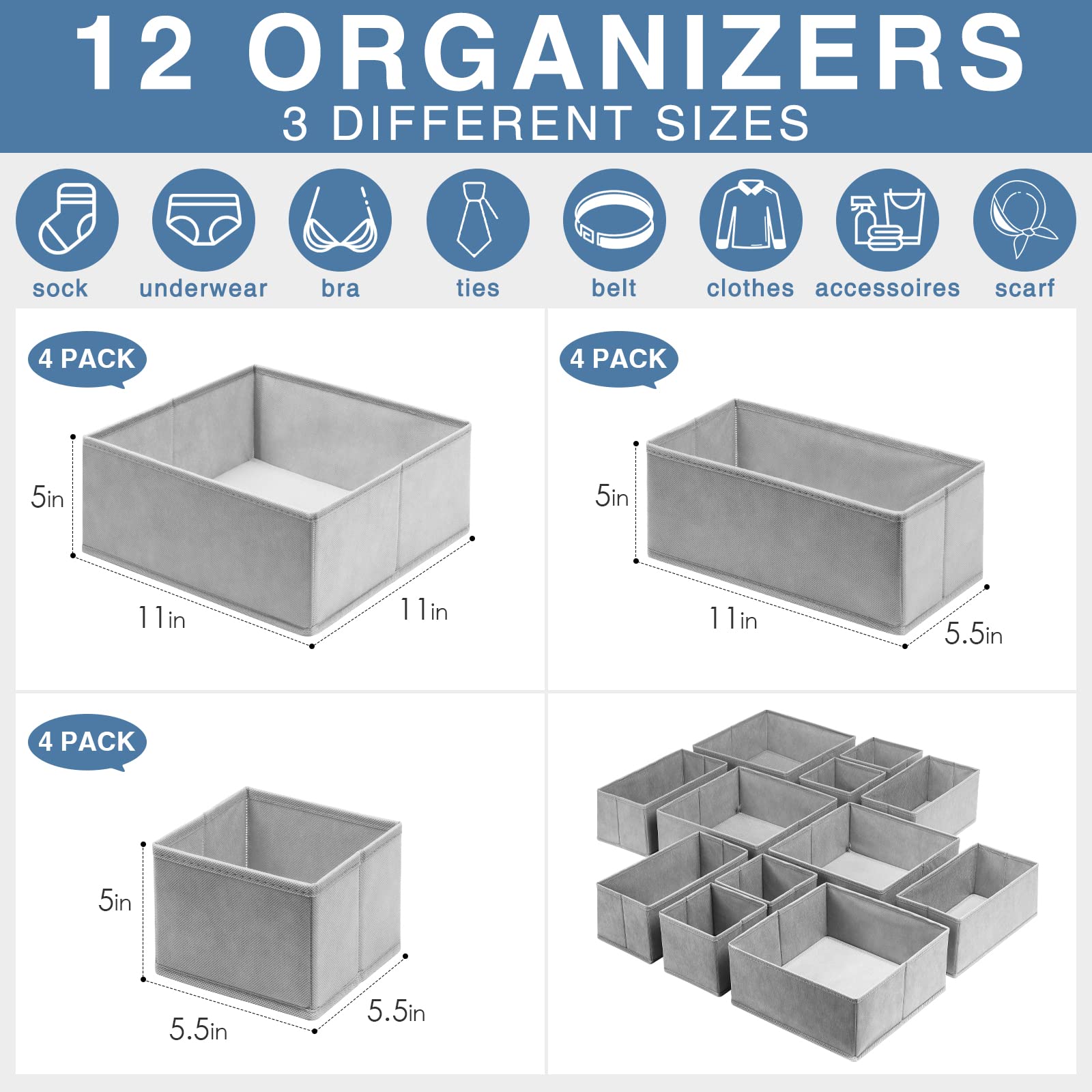 Criusia 12-pack small bins store accessories like bras and ties