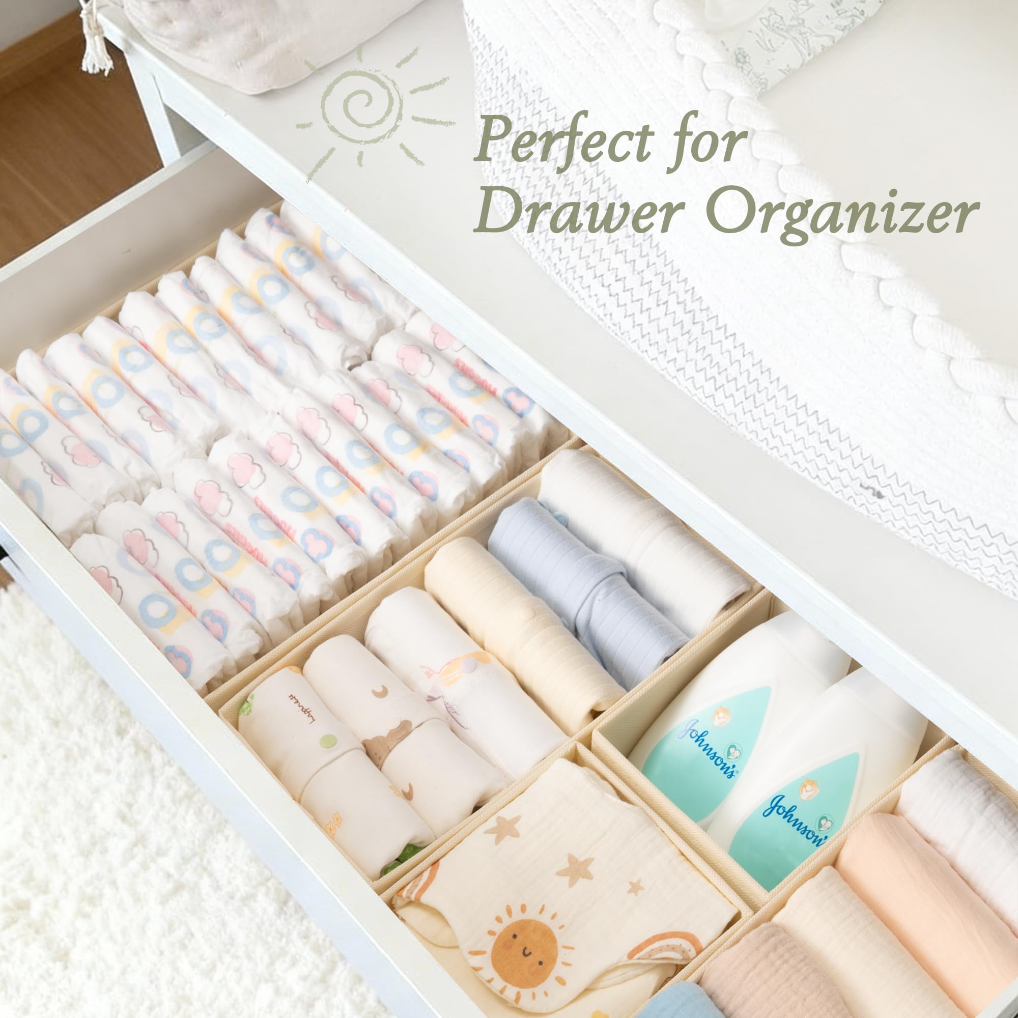 Criusia small-compartments box stores accessories and baby socks compactly.