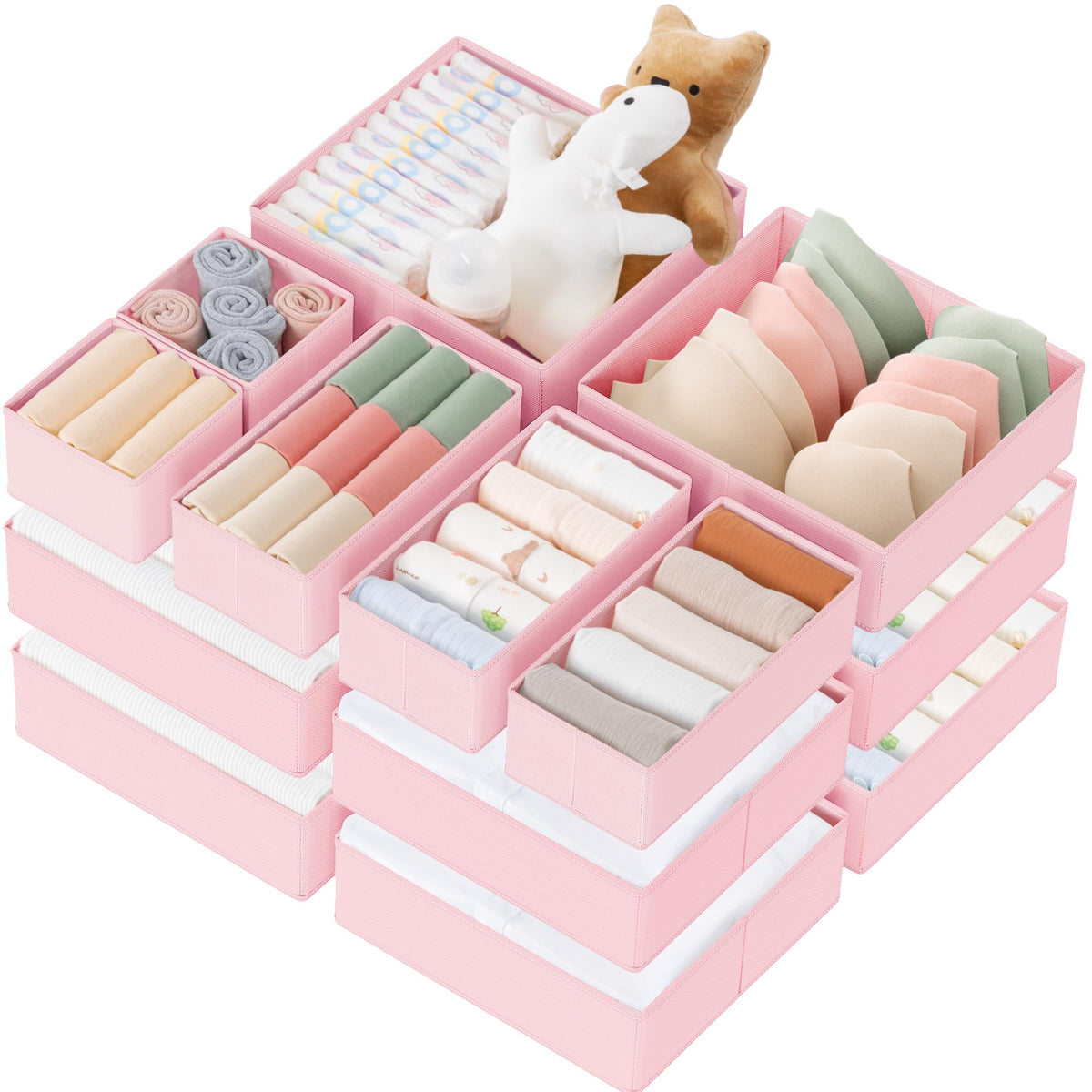Criusia drawer organizer: 6 large bins in a pink drawer for organized baby clothes.