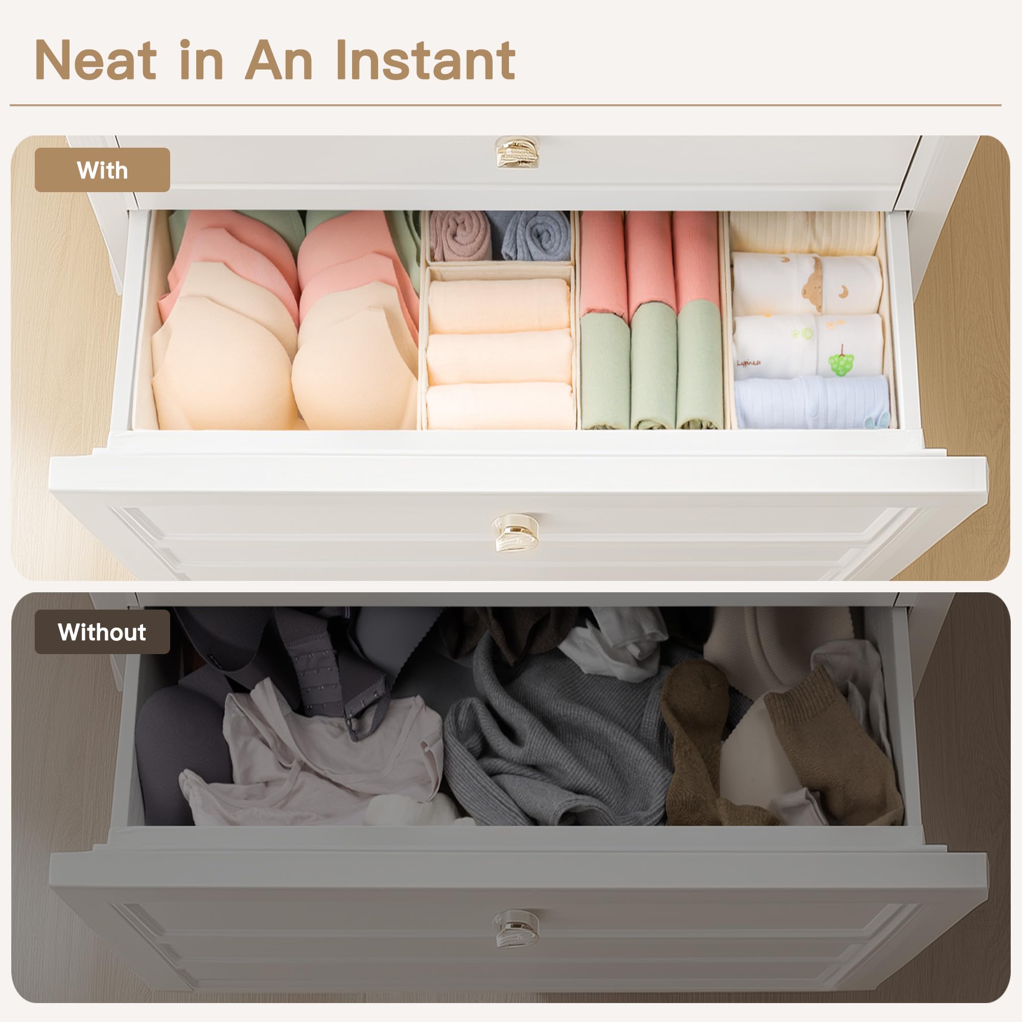 Criusia beige dorm bedroom setup showing versatile storage in drawers.