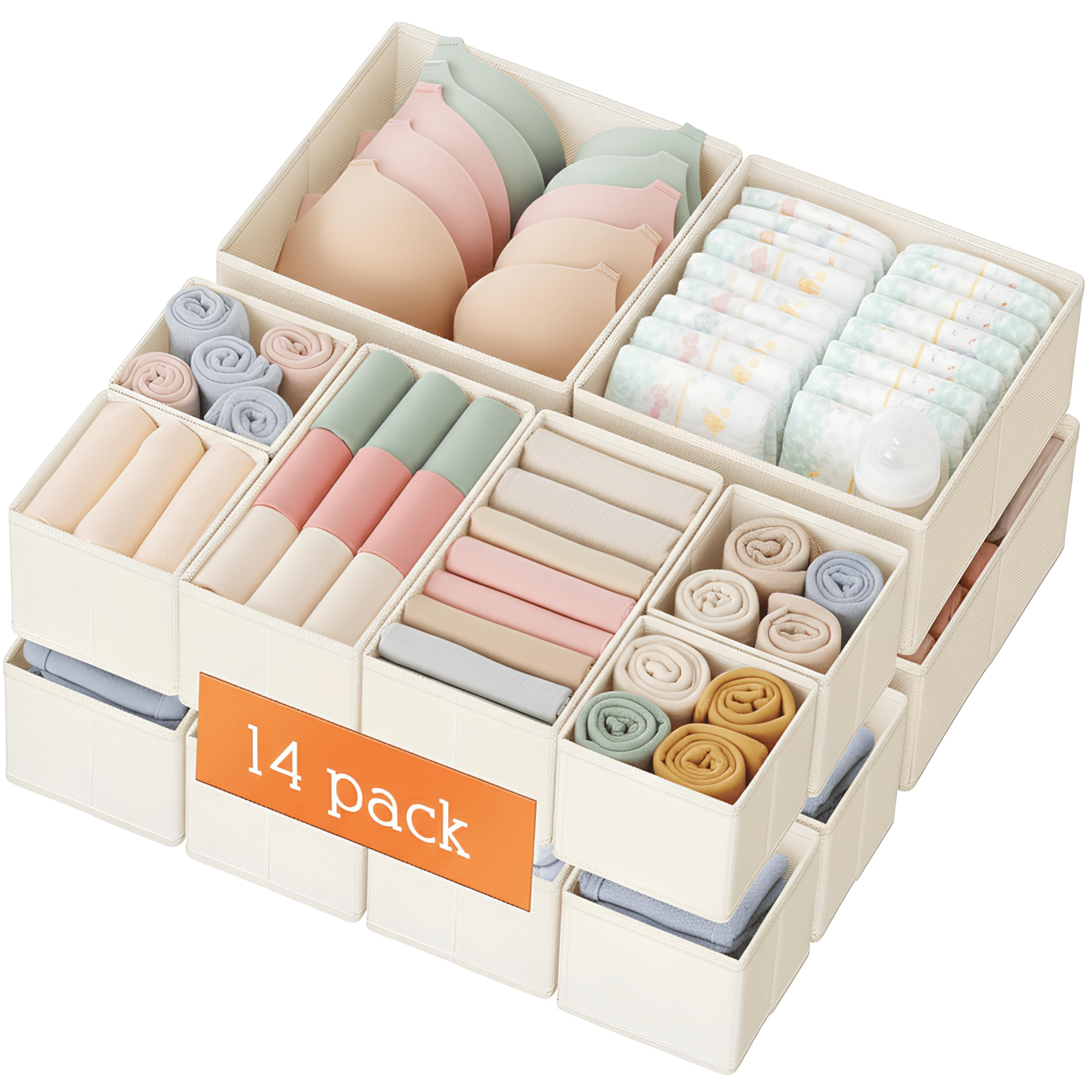 Criusia beige large drawer organizer bin in a dresser keeps baby clothes tidy and accessible.