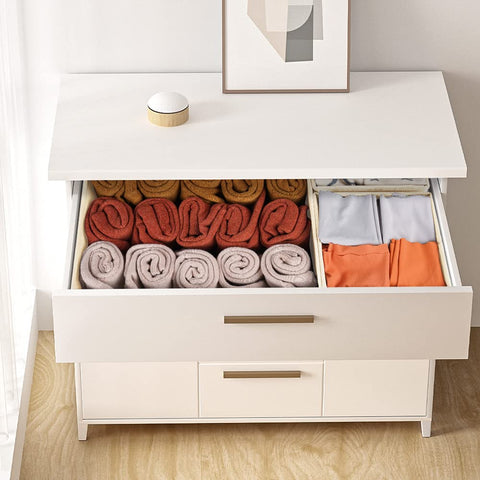 Criusia dorm room organization with beige fabric adds neatness and simplicity.