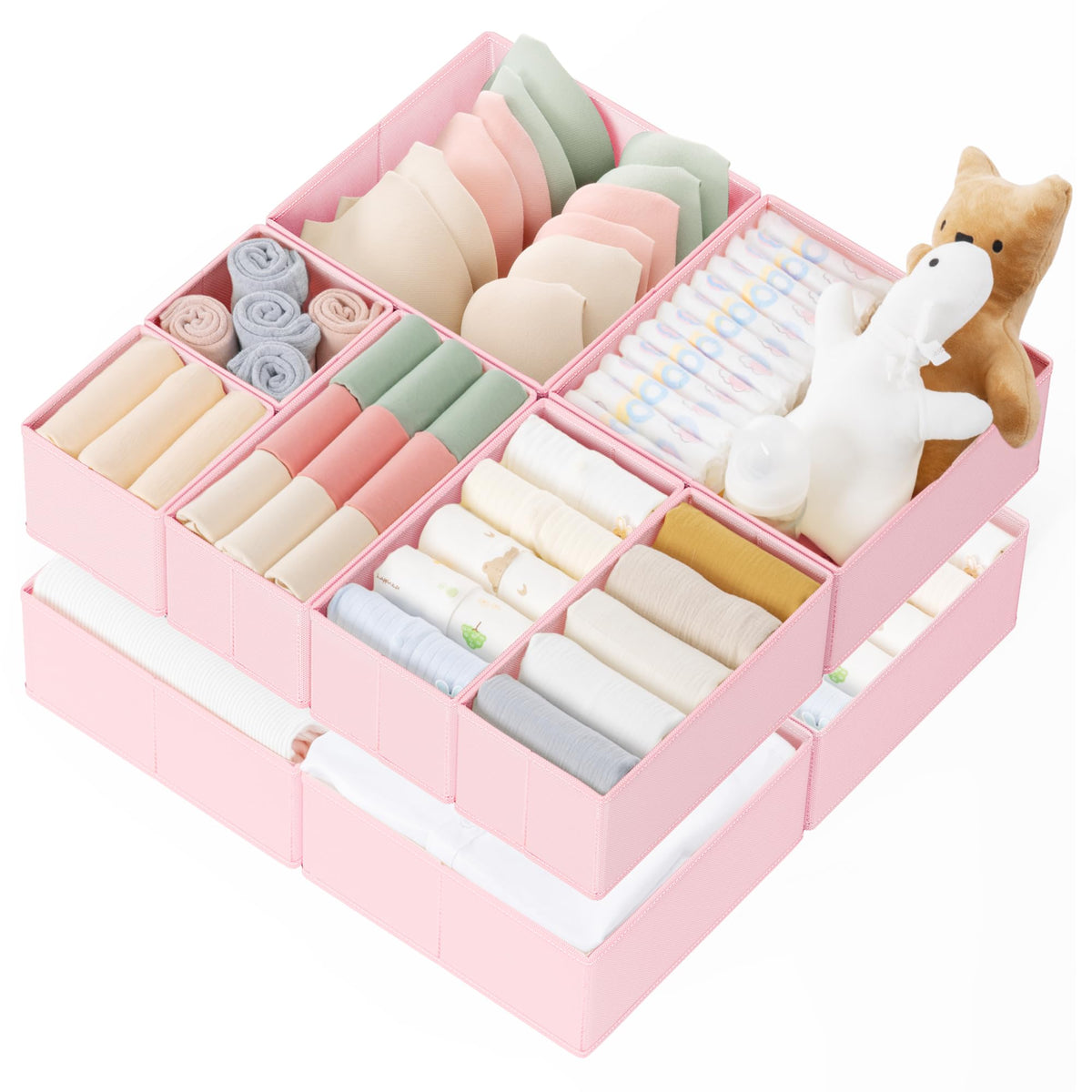 Criusia drawer organizer large bin, 11x11x4-5 stores baby outfits neatly.